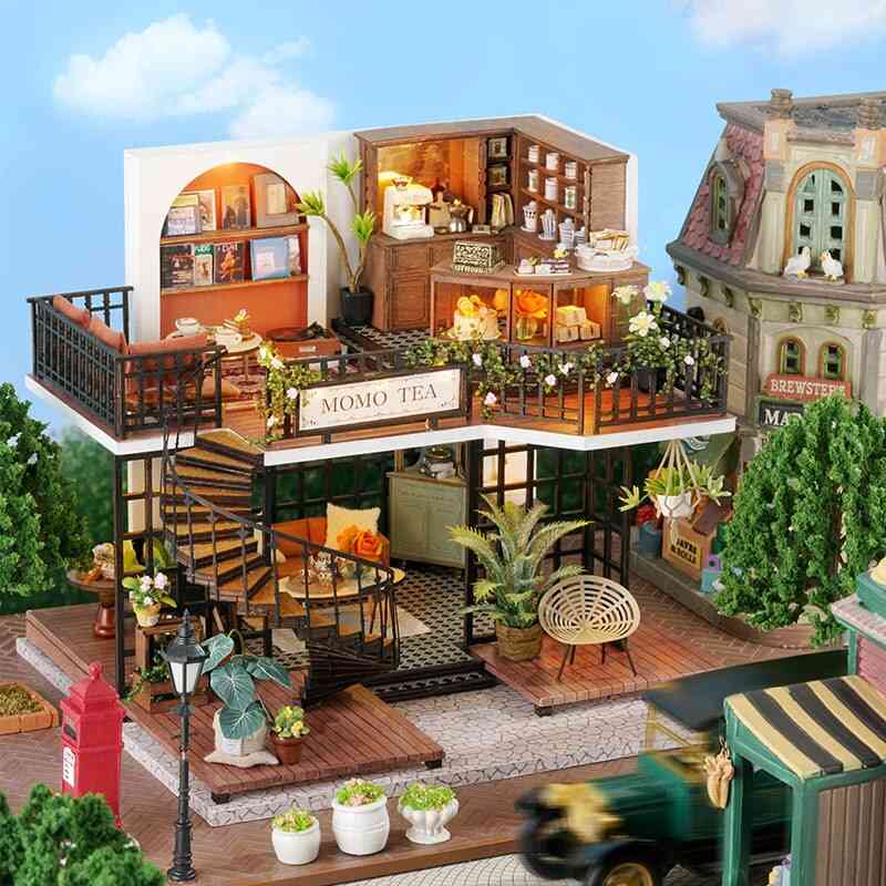 Wooden Doll House Kit Miniature With Furniture Lights
