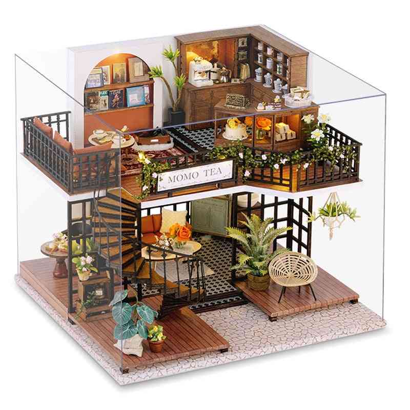 Wooden Doll House Kit Miniature With Furniture Lights