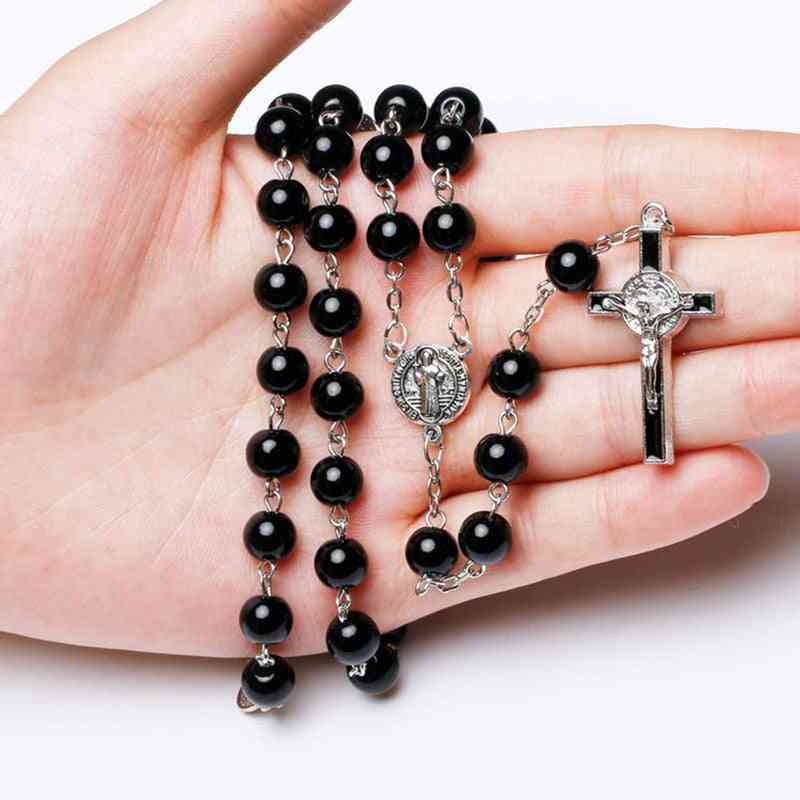 Catholic Black Rosary Beads Necklace