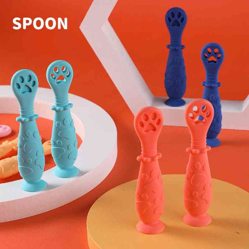 2pcs/set Baby Learn Spoon Set Short Easy Spoon Cartoon Silicone Teether Infant Anti-slip Feeding Training Utensils Tableware