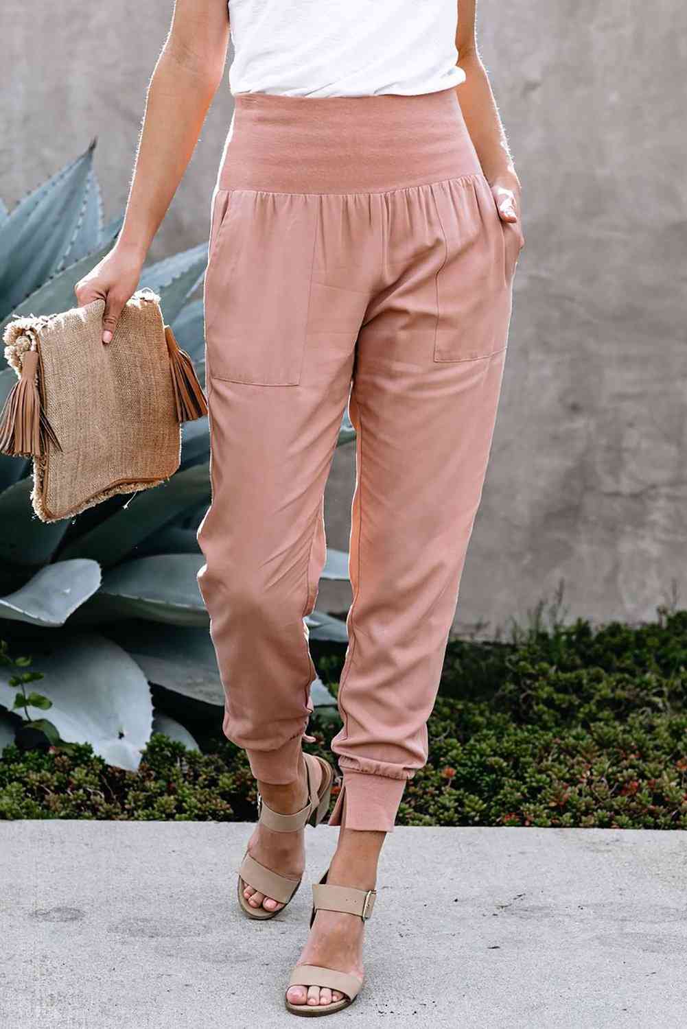 Casual Pink Pocketed, Stretchy High Waistband- Cotton Joggers