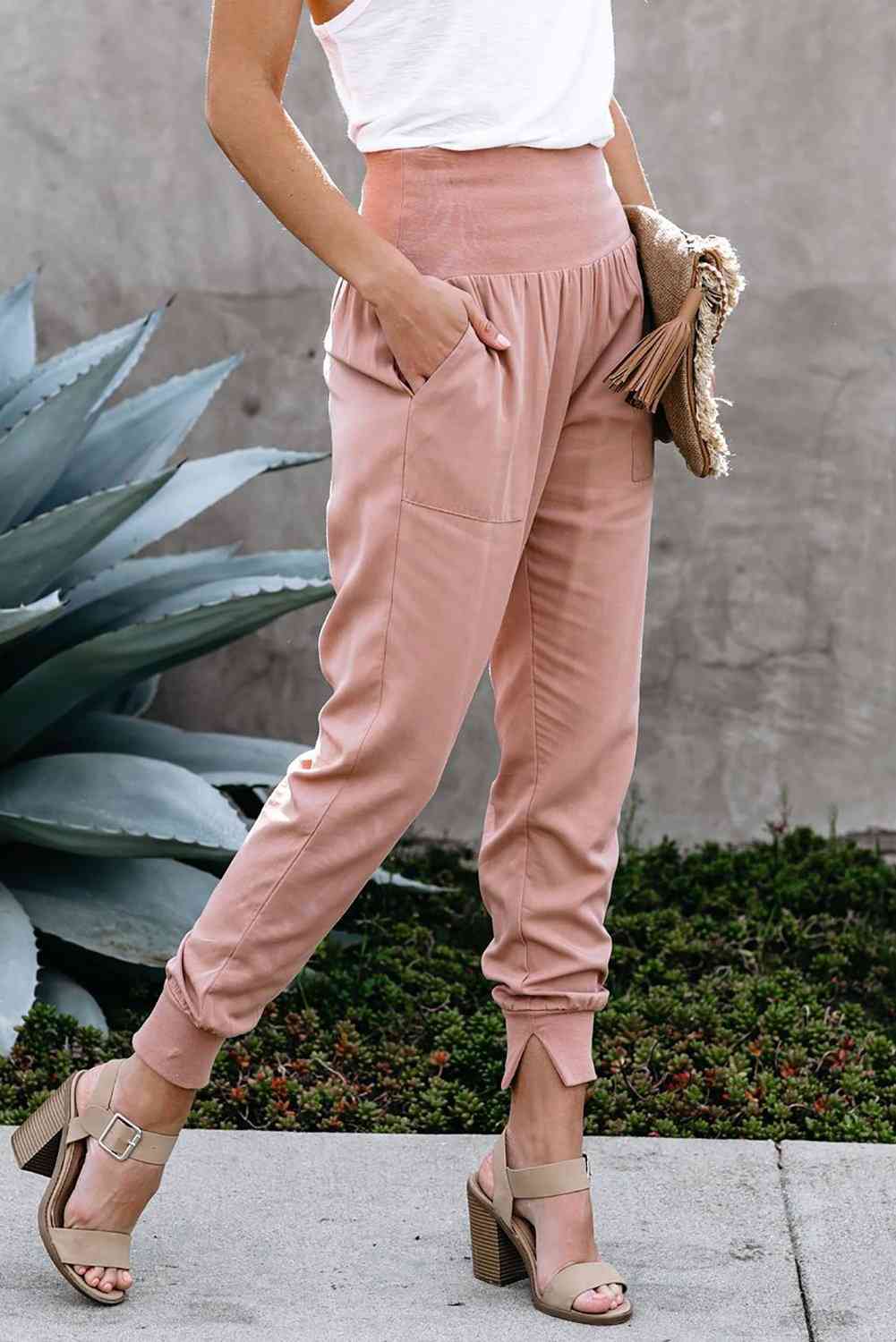 Casual Pink Pocketed, Stretchy High Waistband- Cotton Joggers