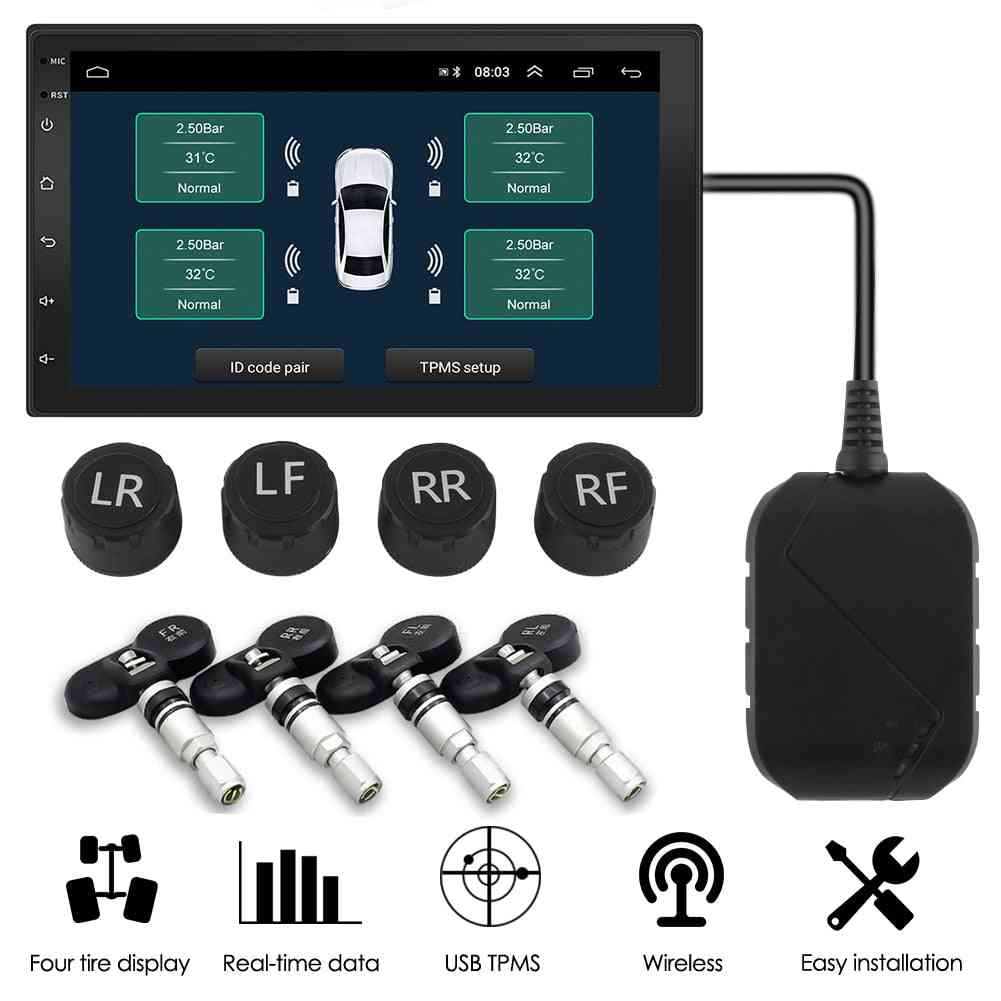 Android  Car Tire Pressure Monitor Alarm  System With External Sensors Car Radio
