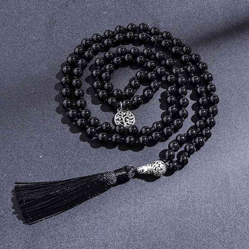 Black Onyx 8mm Rosary Meditation Tassel Beads Necklace