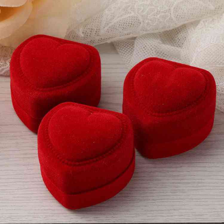 Red Heart Shape Velvet Earrings Ring Box