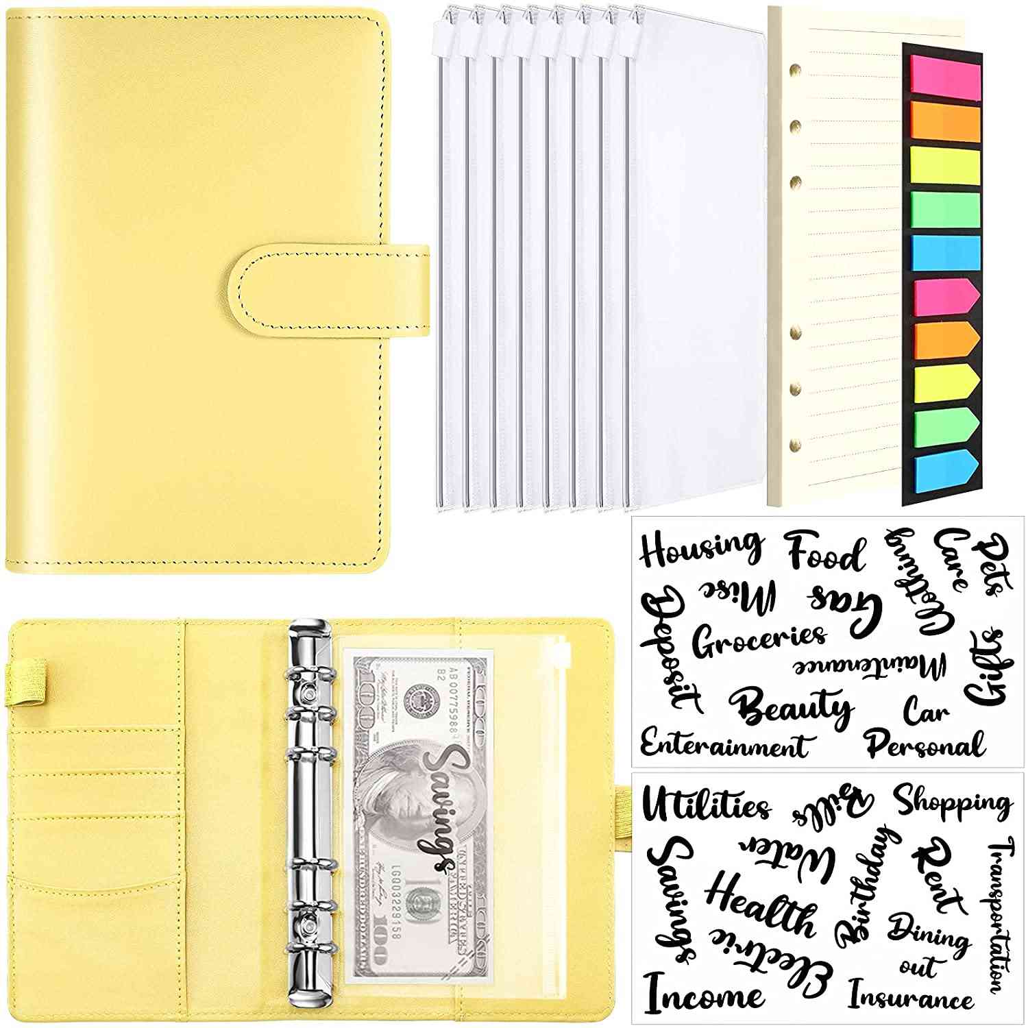 A6 Budget System With 26 Categories Sticker Cash Budget Label/ 8 Binder Pocket/ Loose Leaf Paper And Neon Page Makers For Saving