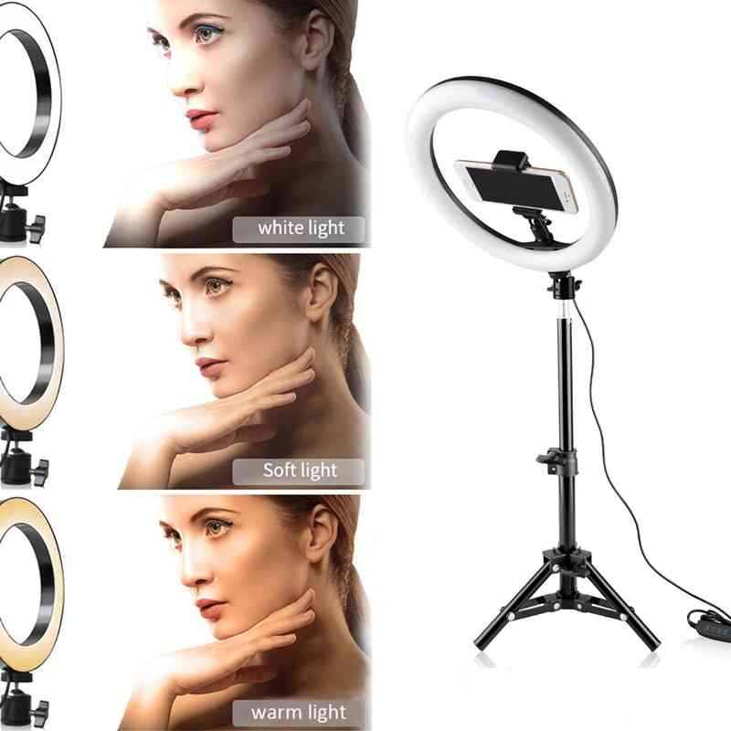 Dimmable Led Ring Light With Tripods Stand Phone Holder Desk