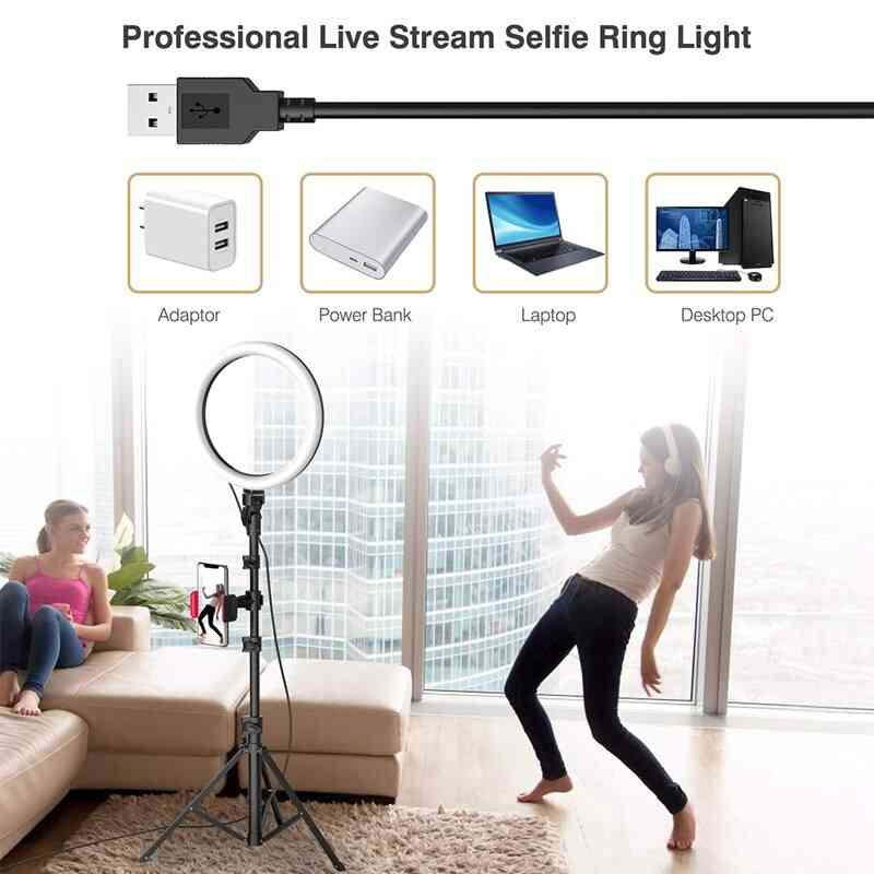 Dimmable Led Ring Light With Tripods Stand Phone Holder Desk