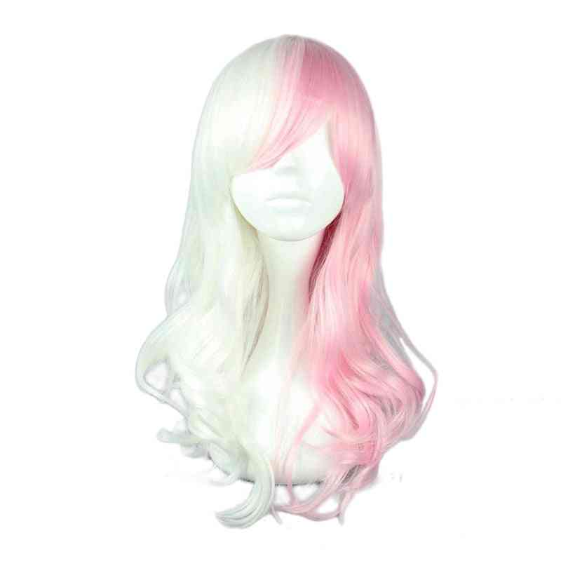 Game Women Long Curly Wig Cosplay Costume White Pink Mix Synthetic Hair