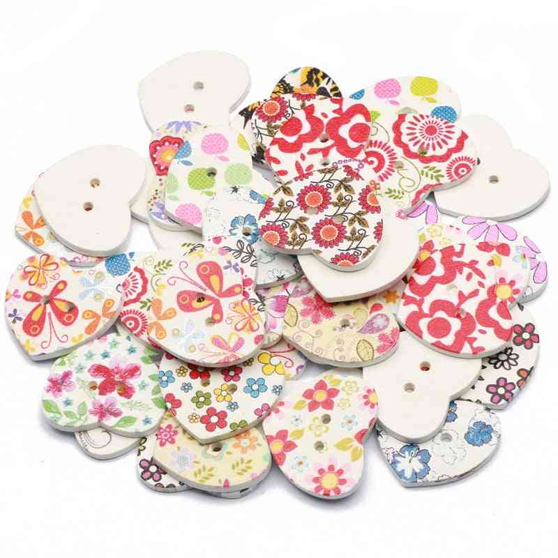 Mixed Heart Shape Flower Painting 2 Holes Wooden Buttons For Clothing