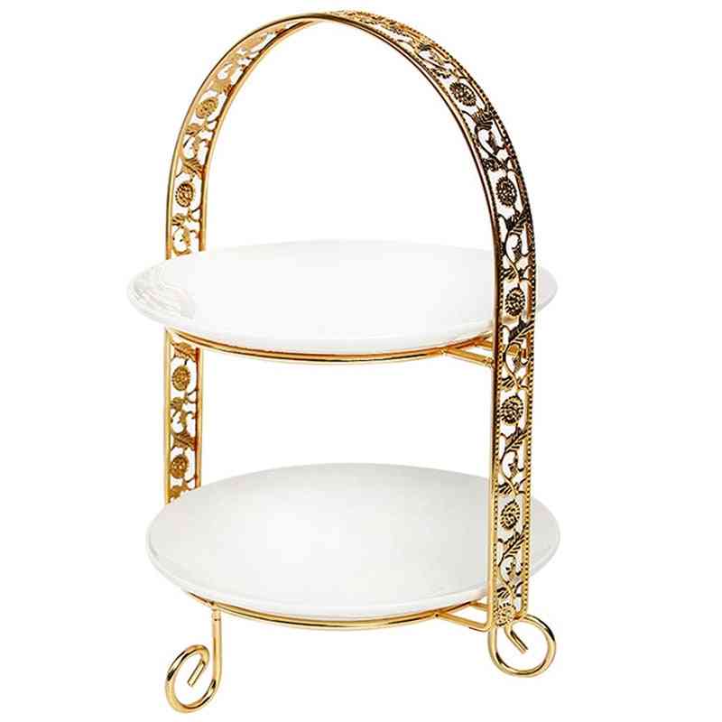 Metal Cake Stand Double Layer Arch Shaped Golden Fruit Dessert Rack Wedding