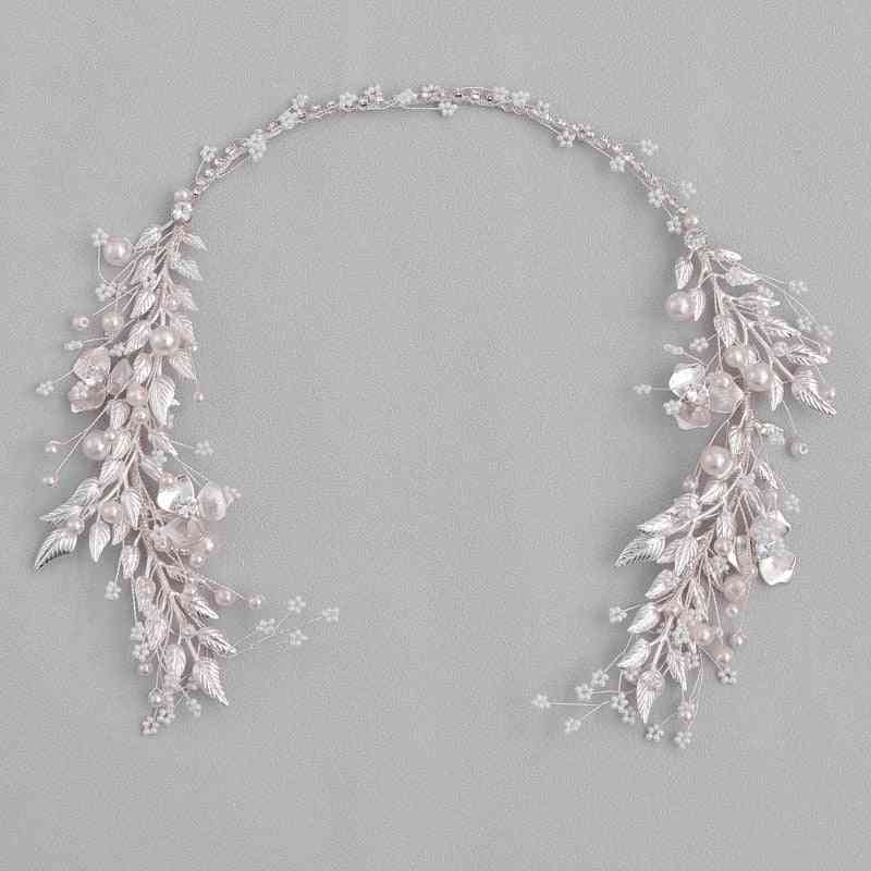 Silver Color Leaf Pearl Headband Tiara For Bridal Hair Accessories