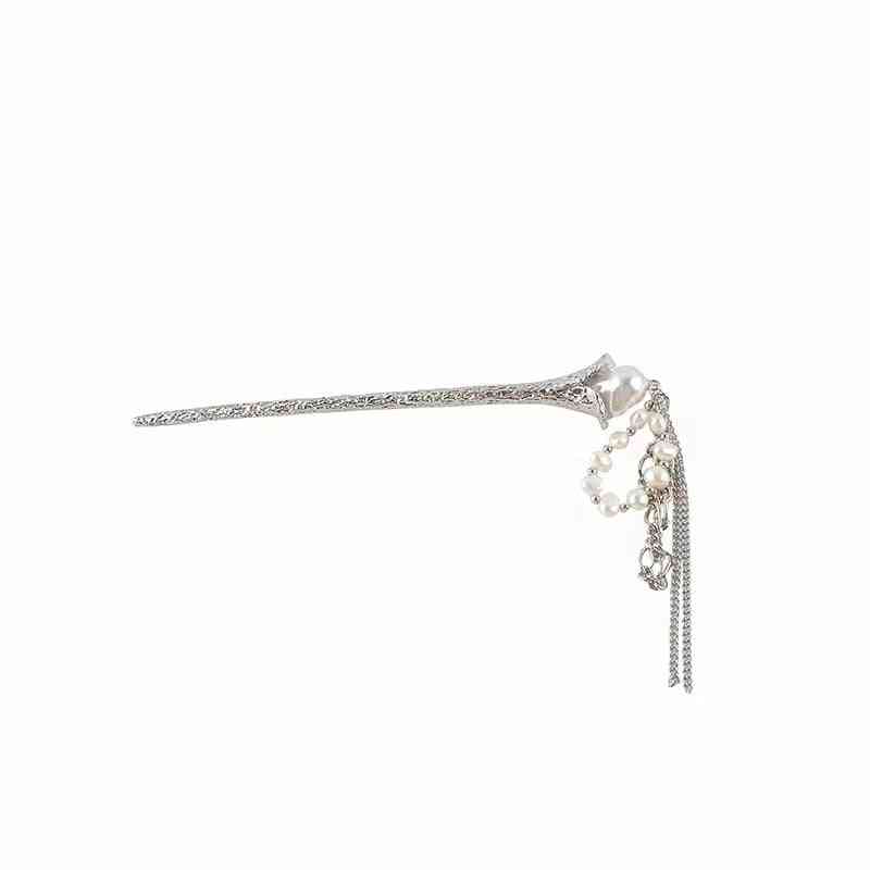 Vintage Silver Color Pearl Tassel Hair Stick Chopsticks Hairpin Bridal