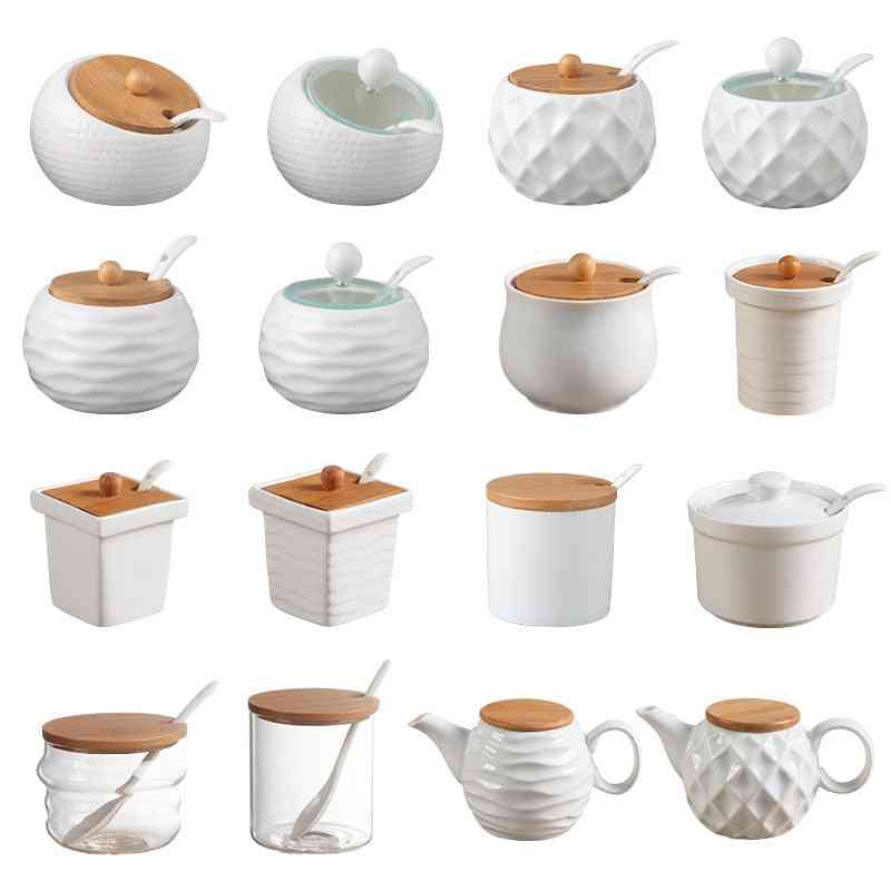 Ceramic Seasoning Jars With Wooden Lid Salt Shakers