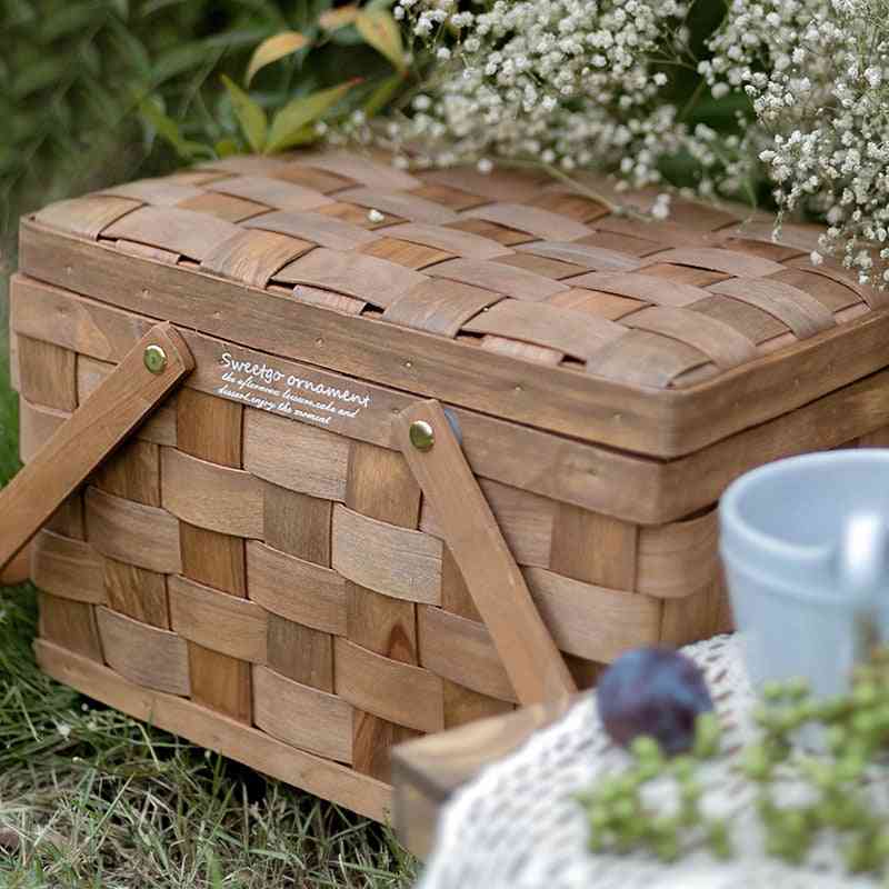 Woven Picnic Basket With Lid Cover Bakery Bread Hiking Storage Box