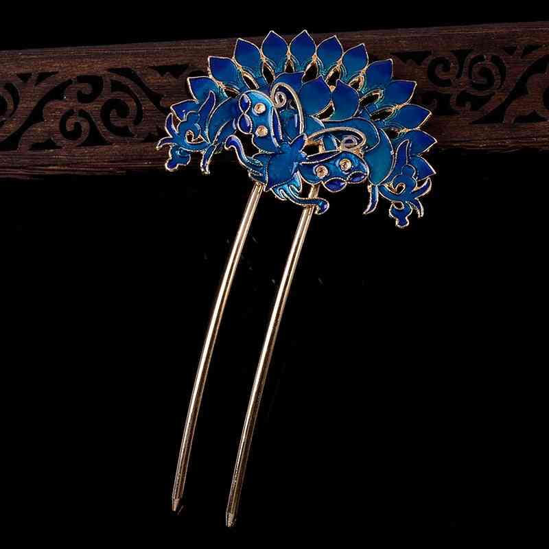 Antiquity Orchid Flower Hair Stick- Cloisonne Enamel Luxury Jewelry