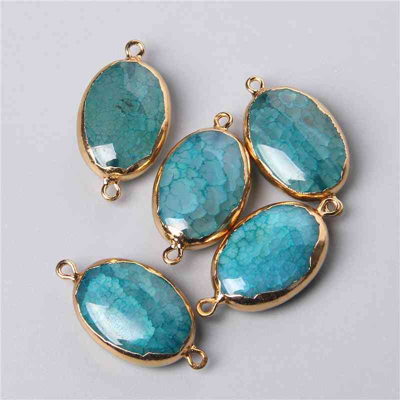 Natural Blue Green Agates Oval Egg Shape Gold Color Metal Connecto